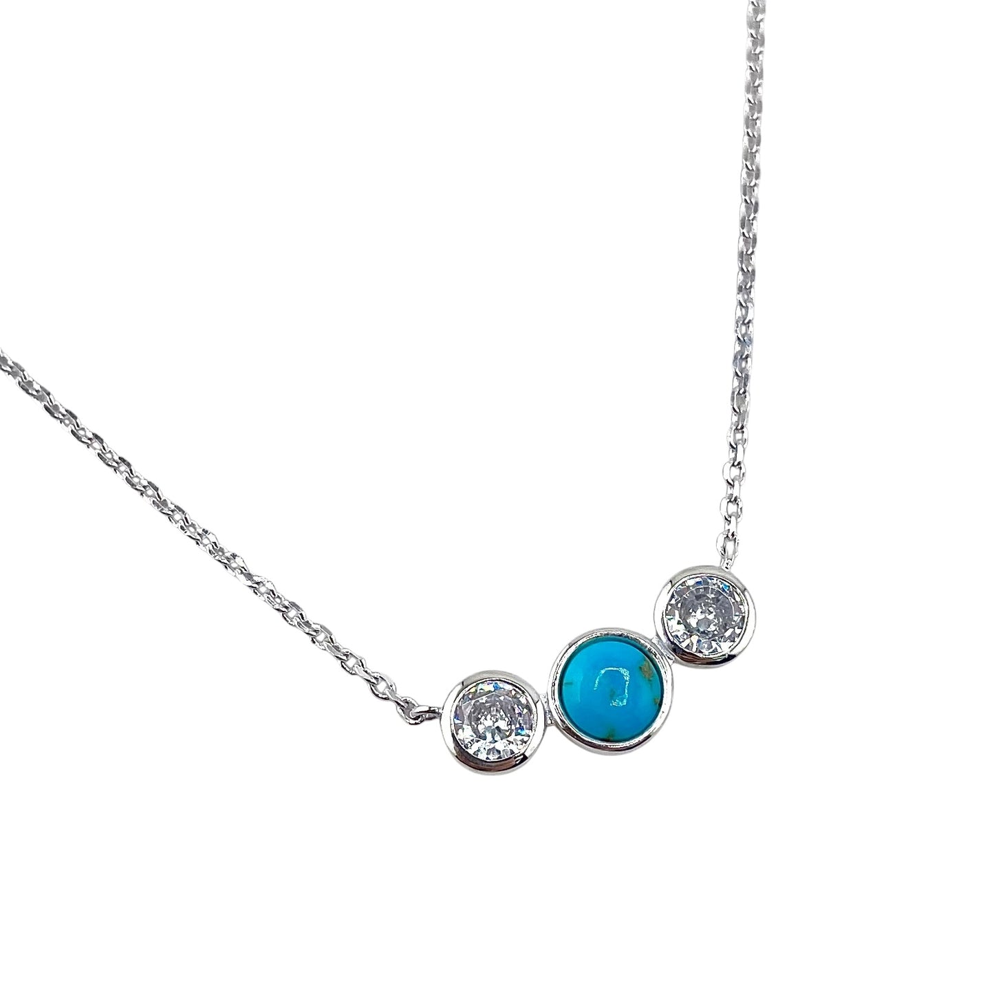 Sterling Silver Turquoise & CZ Round Bar Style Necklace