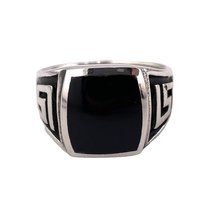 Black Onyx Stone Greek Key Mens Ring Sterling Silver