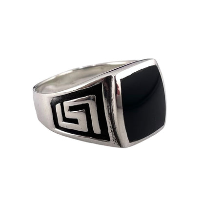 Black Onyx Stone Greek Key Mens Ring Sterling Silver
