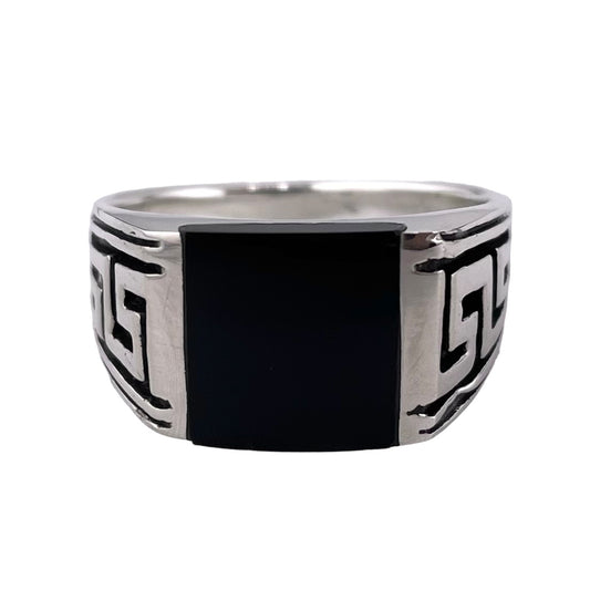 Black Onyx Stone Greek Key Mens Ring Sterling Silver