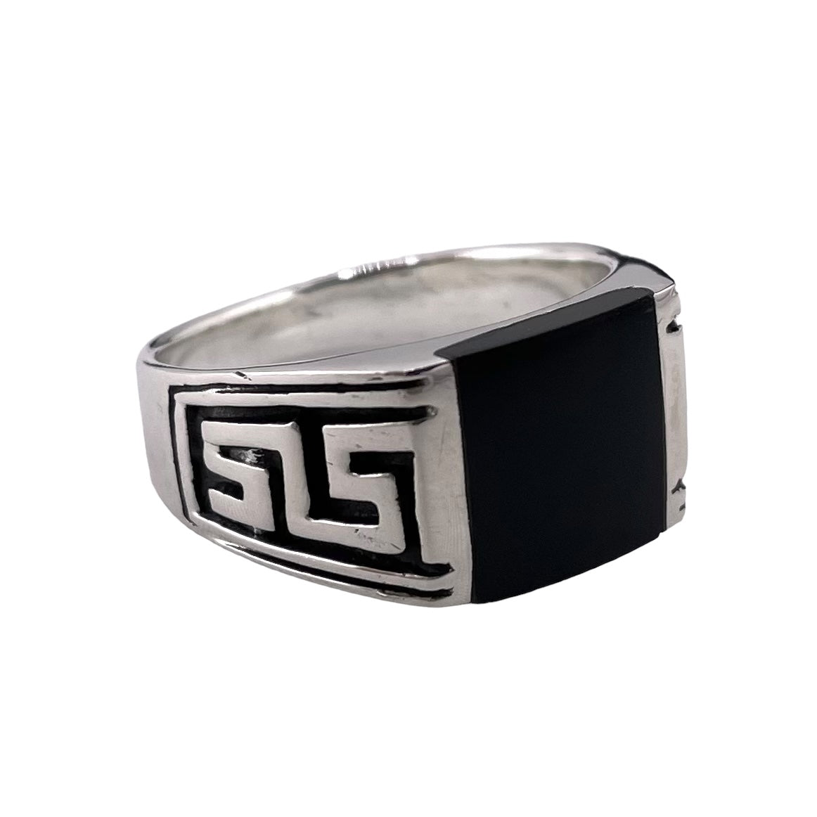 Black Onyx Stone Greek Key Mens Ring Sterling Silver
