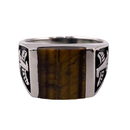 Tiger Eye Square Stone Thunderbird Mens Ring Sterling Silver