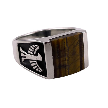 Tiger Eye Square Stone Thunderbird Mens Ring Sterling Silver