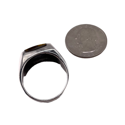 Tiger Eye Square Stone Thunderbird Mens Ring Sterling Silver