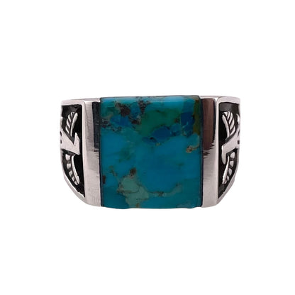 Turquoise Square Stone Thunderbird Mens Ring Sterling Silver