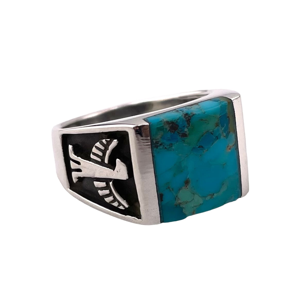 Turquoise Square Stone Thunderbird Mens Ring Sterling Silver