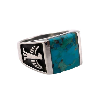 Turquoise Square Stone Thunderbird Mens Ring Sterling Silver