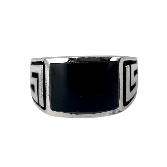 Black Onyx Inlay Stone Greek Key Mens Ring Sterling Silver