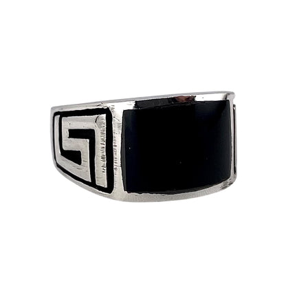 Black Onyx Inlay Stone Greek Key Mens Ring Sterling Silver