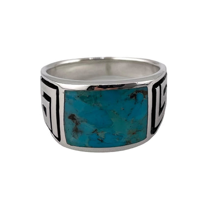 Turquoise Inlay Stone Greek Key Mens Ring Sterling Silver