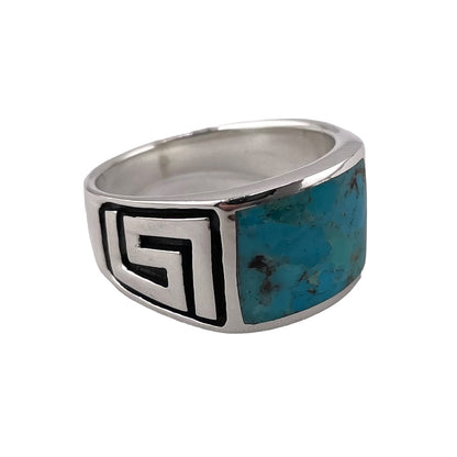 Turquoise Inlay Stone Greek Key Mens Ring Sterling Silver