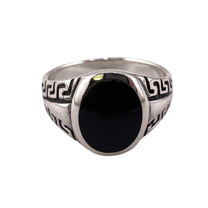Black Onyx Oval Stone Greek Key Mens Ring Sterling Silver