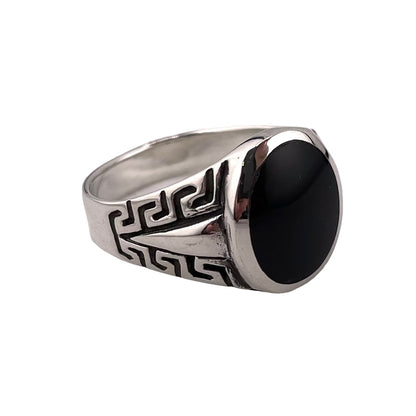 Black Onyx Oval Stone Greek Key Mens Ring Sterling Silver