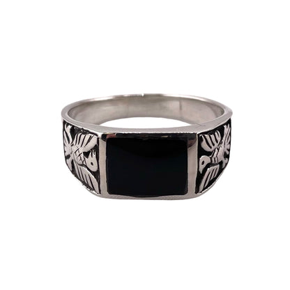 Black Onyx Rectangle Stone Thunderbird Mens Ring Sterling Silver