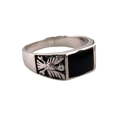 Black Onyx Rectangle Stone Thunderbird Mens Ring Sterling Silver