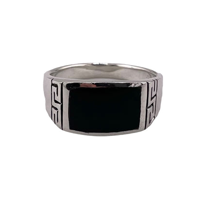 Black Onyx Rectangle Stone Greek Key Mens Ring Sterling Silver