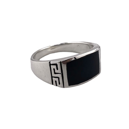 Black Onyx Rectangle Stone Greek Key Mens Ring Sterling Silver