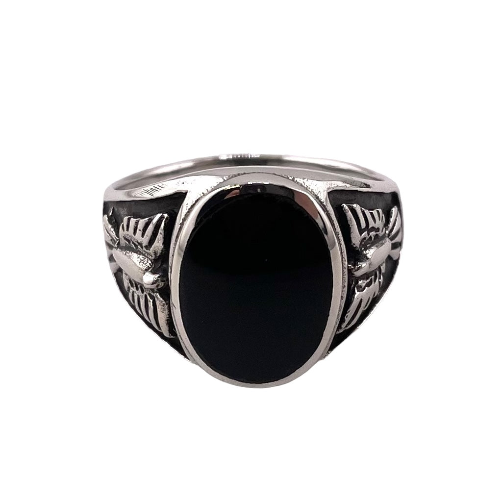 Black Onyx Oval Stone Thunderbird Mens Ring Sterling Silver
