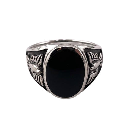 Black Onyx Oval Stone Thunderbird Mens Ring Sterling Silver
