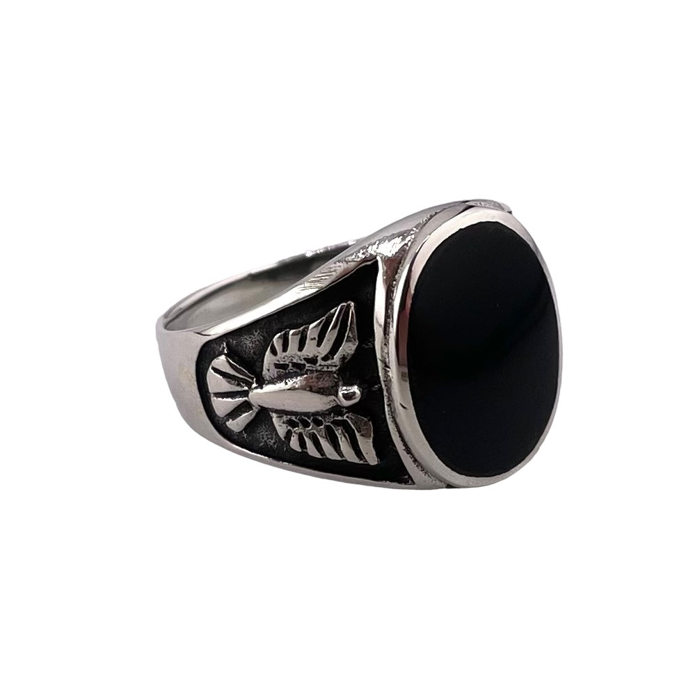 Black Onyx Oval Stone Thunderbird Mens Ring Sterling Silver