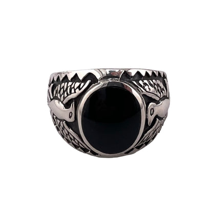 Black Onyx Oval Stone Thunderbird Mens Ring Sterling Silver