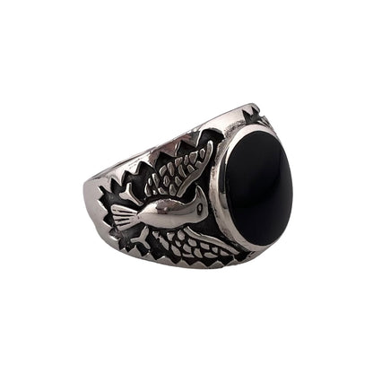 Black Onyx Oval Stone Thunderbird Mens Ring Sterling Silver