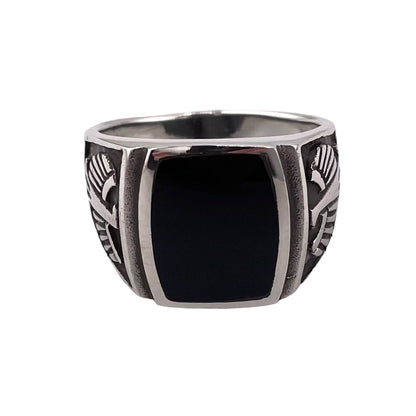 Black Onyx Stone Thunderbird Mens Ring Sterling Silver