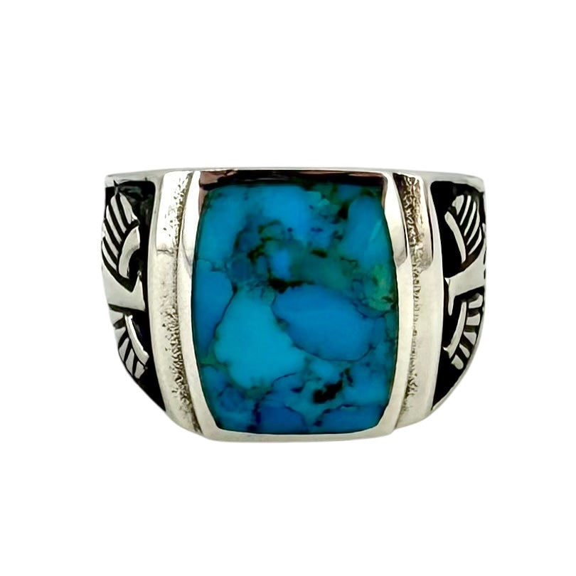 Turquoise Stone Thunderbird Mens Ring Sterling Silver