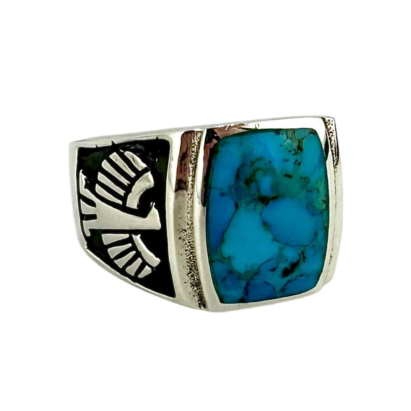 Turquoise Stone Thunderbird Mens Ring Sterling Silver