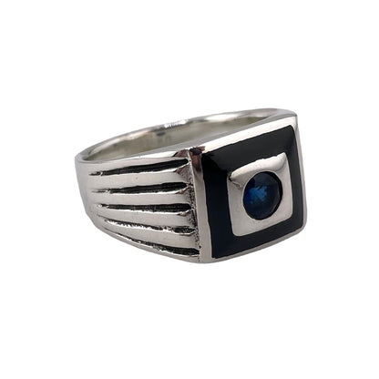 Black Onyx & Blue CZ Ring Sterling Silver