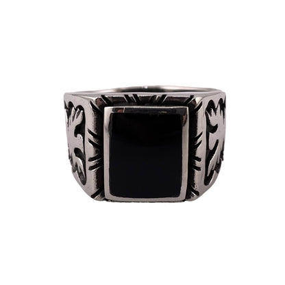 Black Onyx Rectangle Stone Thunderbird Mens Ring Sterling Silver