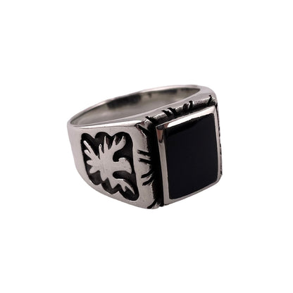 Black Onyx Rectangle Stone Thunderbird Mens Ring Sterling Silver