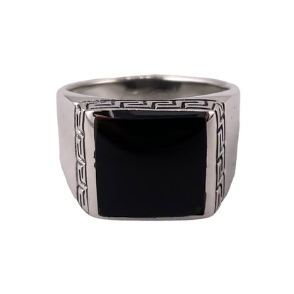 Black Onyx Square Stone Greek Key Mens Ring Sterling Silver