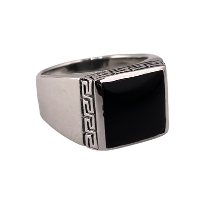 Black Onyx Square Stone Greek Key Mens Ring Sterling Silver