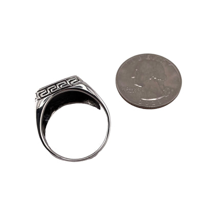 Black Onyx Square Stone Greek Key Mens Ring Sterling Silver