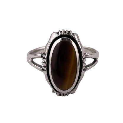 Tiger Eye Oval Stone Ring Sterling Silver