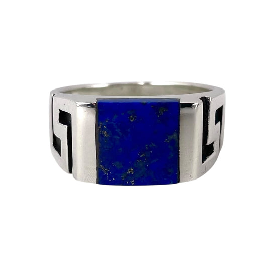 Lapis Square Stone Greek Key Mens Ring Sterling Silver