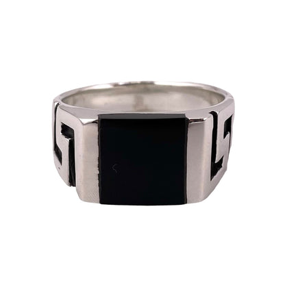 Black Onyx Square Stone Greek Key Mens Ring Sterling Silver