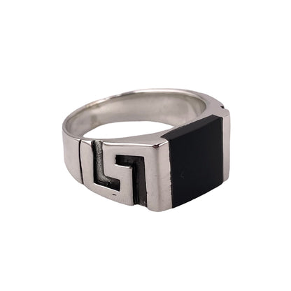 Black Onyx Square Stone Greek Key Mens Ring Sterling Silver