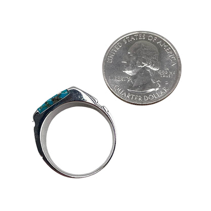 Turquoise Square Stone Greek Key Mens Ring Sterling Silver