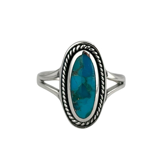 Turquoise Stone Oval Rope Ring Sterling Silver