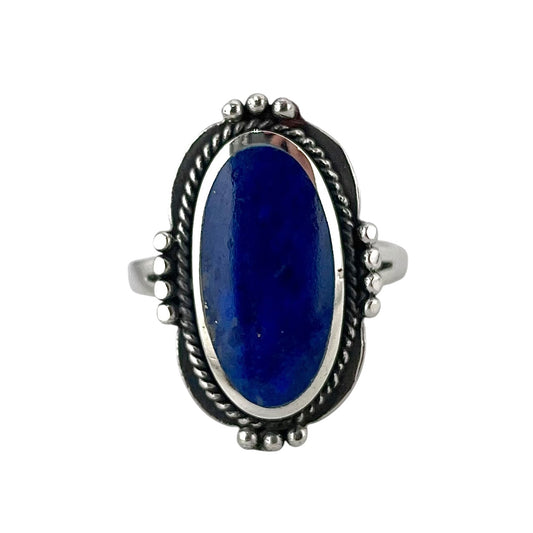 Lapis Stone Oval Rope Bead Ring Sterling Silver