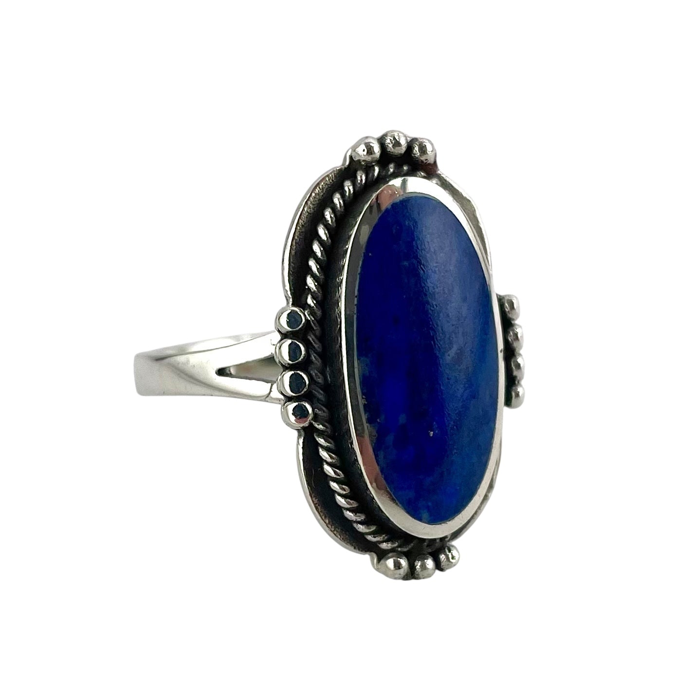 Lapis Stone Oval Rope Bead Ring Sterling Silver