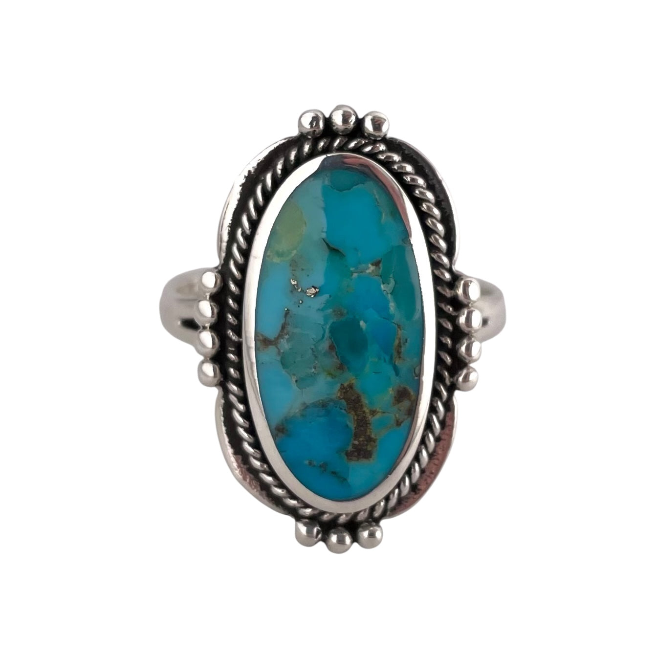Turquoise Stone Oval Rope Bead Ring Sterling Silver