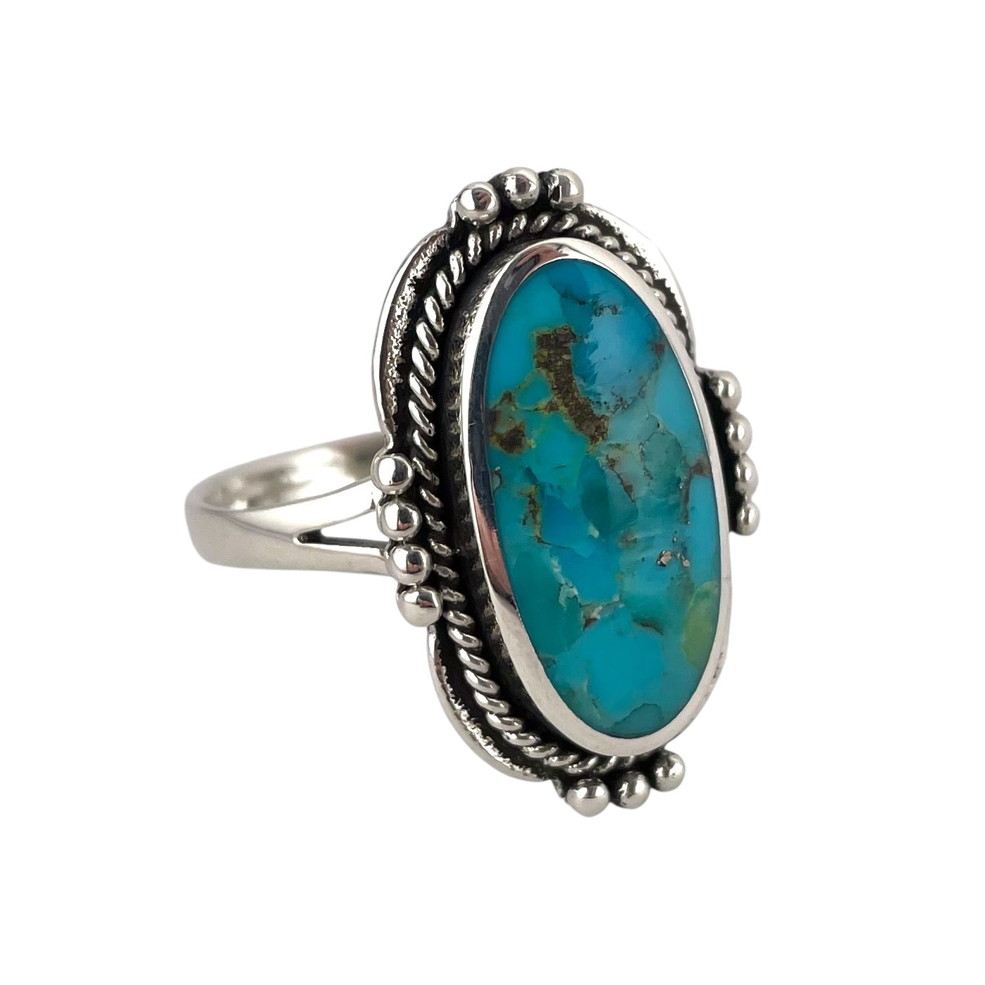 Turquoise Stone Oval Rope Bead Ring Sterling Silver