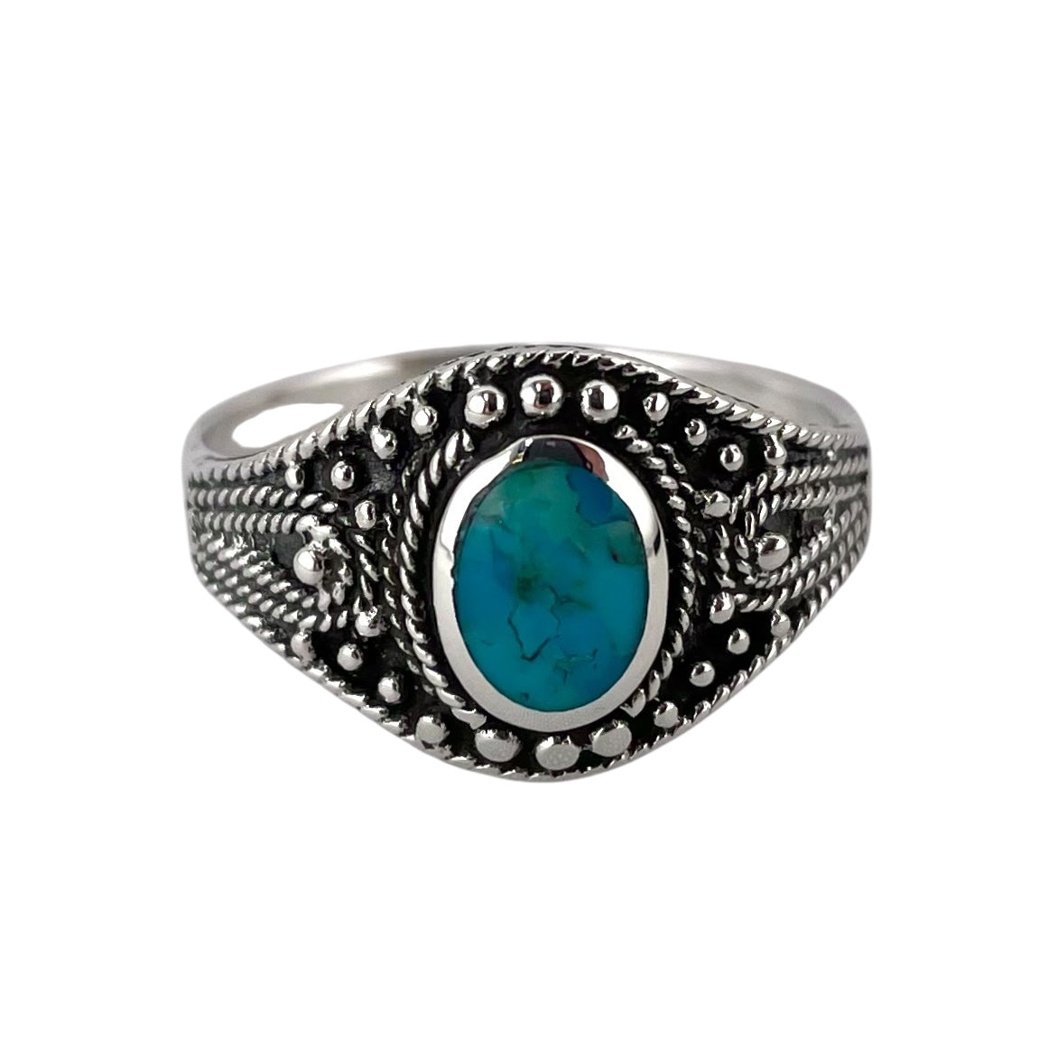 Turquoise Stone Oval Rope Bead Ring Sterling Silver