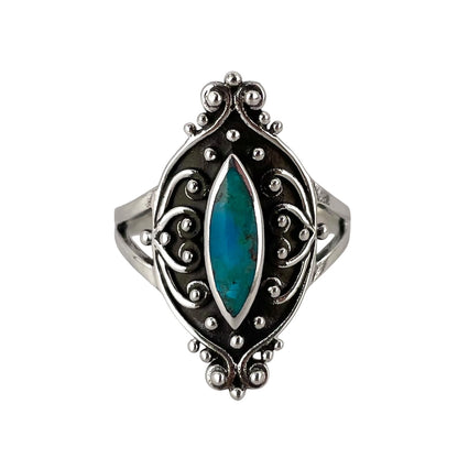 Turquoise Stone Pointed Oval Bead Design Ring Sterling Silver