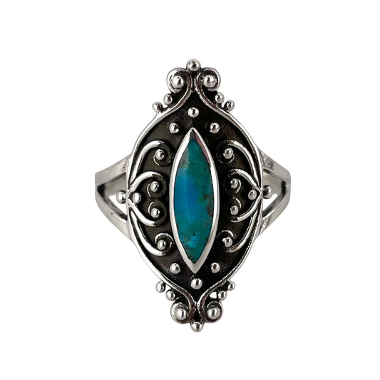 Turquoise Stone Pointed Oval Bead Design Ring Sterling Silver