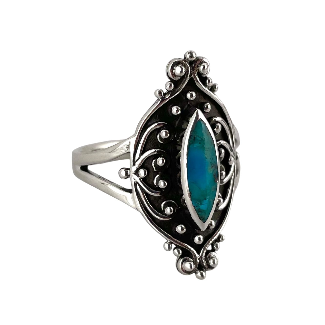 Turquoise Stone Pointed Oval Bead Design Ring Sterling Silver