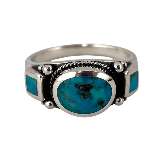 Turquoise Stone Oval Square Bead Ring Sterling Silver